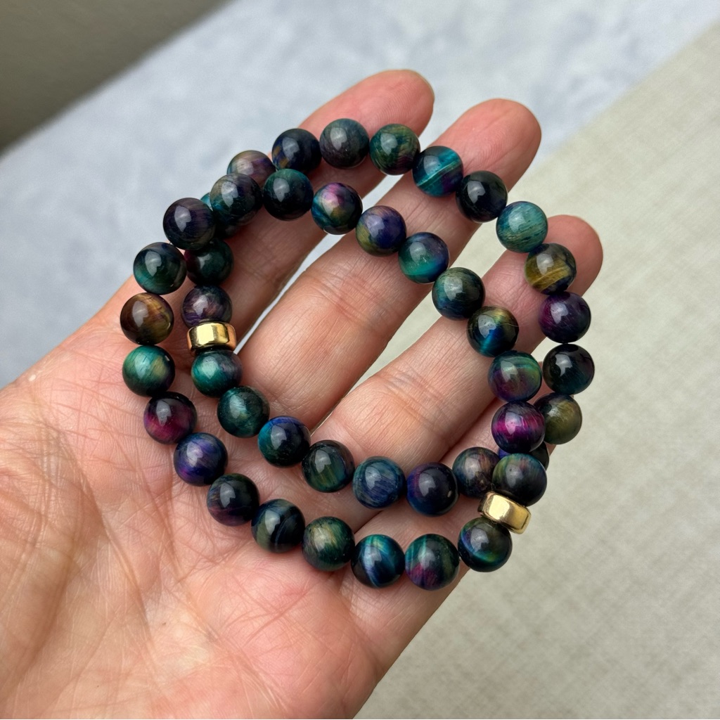 Multi Color Galaxy Rainbow Tigers Eye Beaded Stretch Bracelet